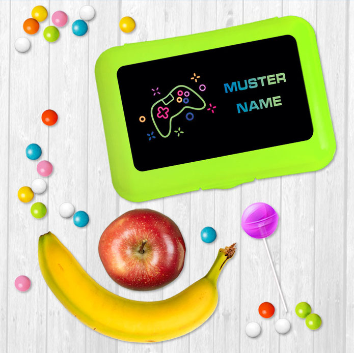 Brotdosenaufkleber 12 x 7 cm  - Motiv: Spielecontroller in Neonfarben auf schwarzem Hintergrund - hochwertige PVC-freie Folie, ungiftige Farben - mit Namen personalisierbar