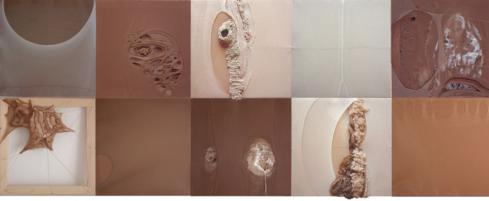 Settimia Taroux, 10 modules carrés faits de collants couleur chair tendus sur des chassis de bois montrant des anatomies factices textiles, recherches plastiques sur un matériau préfabriqué pour un mémoire pour l’université d’arts plastiques de Metz. 