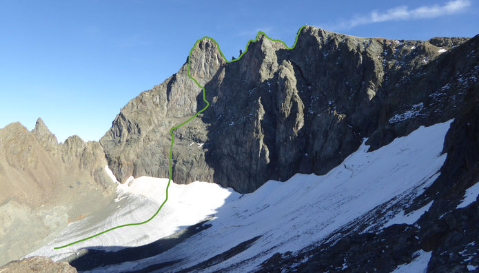 L'itinéraire de la voie Rebuffat en face N du Grand pic de Belledonne