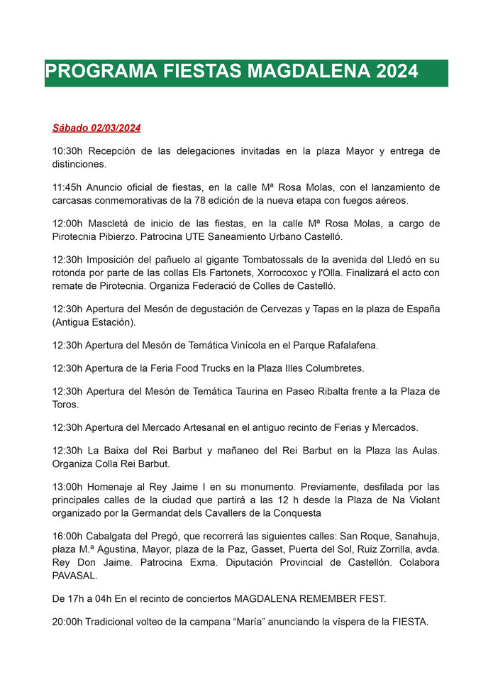 Programa de las Fiestas de la Magdalena en Castellon