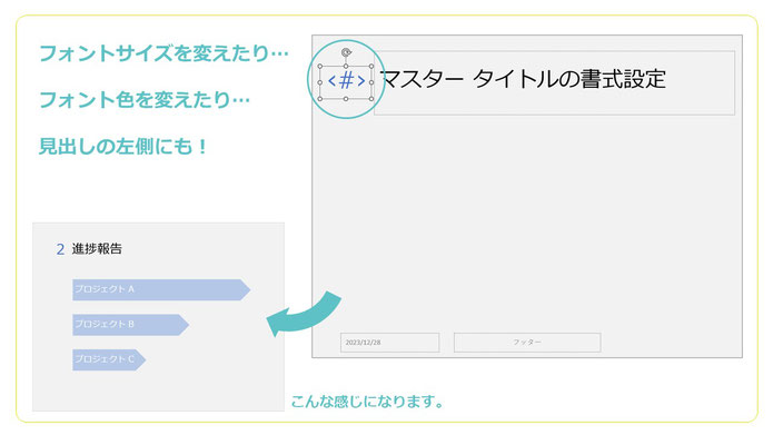 パワポのページ番号の位置の動かし方。工夫次第でこんな使い方も。