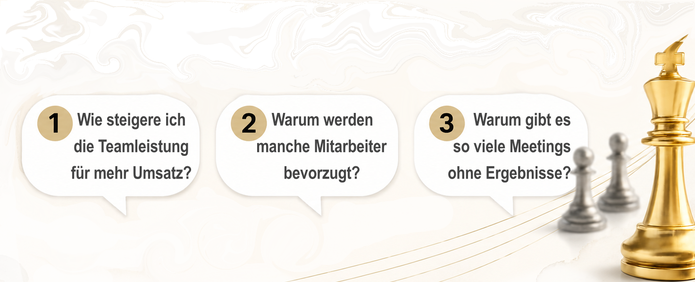 3 Sprechblasen mit Fragen zu Umsatzsteigerung, Mitarbeitergleichstellung, Meetingergebnisse
