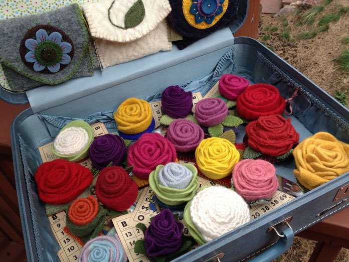 Roses made from up cycled 100% wool sweaters that have been felted, shaped, and sewn into these fun pin brooches!