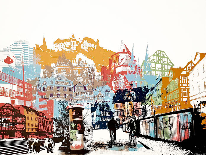 Mit dem Rad durch die Stadt, Siebdruck und Mischtechnik auf Leinwand, 100x145cm, 2023, 3.700€