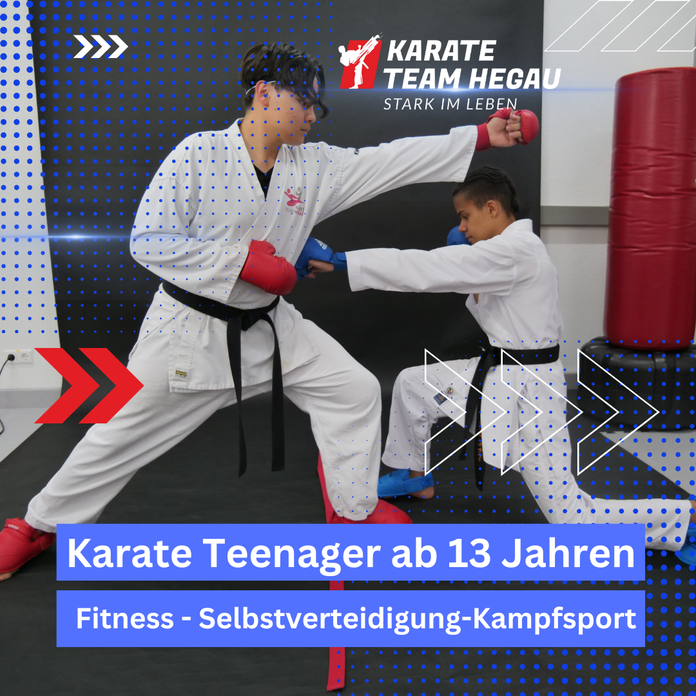 Zwei Jungen im Karate Anzug mit einer Karate Übung. Karate für Teenager (13-17 Jahre): Stärkung durch Selbstverteidigung und SelbstbewusstseinKarate Team Hegau.