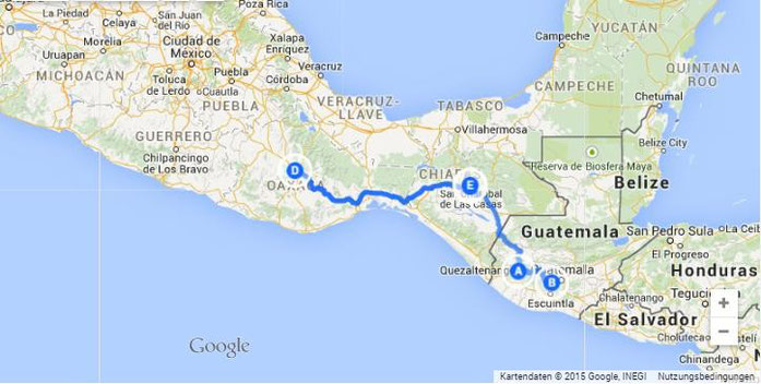 From Guatemala to San Cristobal de las Casas (E) to Oaxaca (D).