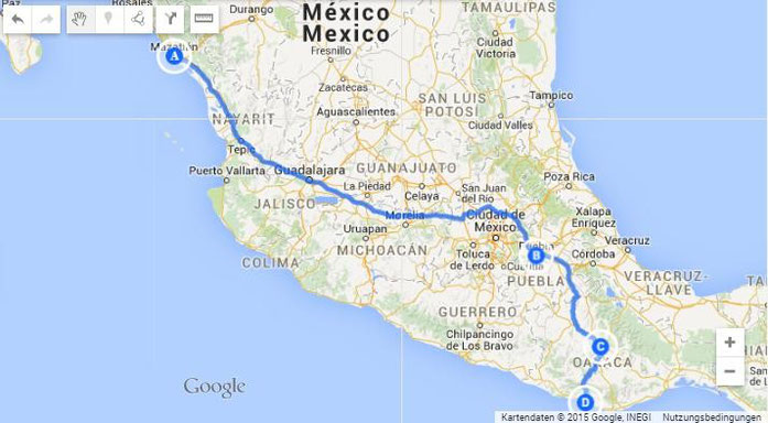 My tour down from (A) Mazatlan, (B) Puebla, (C) Oaxaca, (D) Porto Escondido (about 1.736 km).