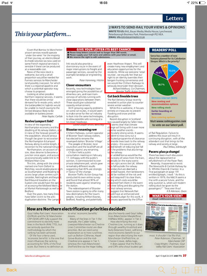 Bicester Traffic Action Group's letter is published by Rail Magazine