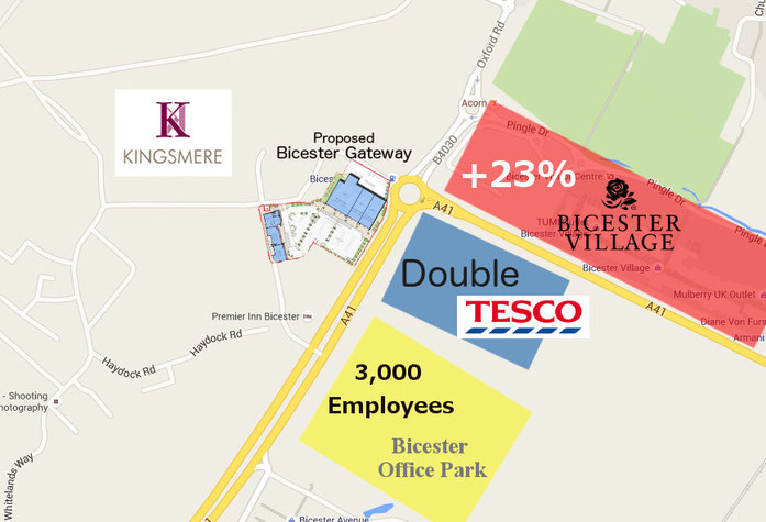 Showing the approximate sites of the Bicester Office Park, new Tescos and enlarged Bicester Village