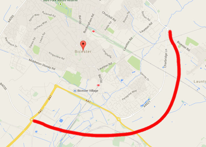 Approximate routing of new Bicester perimeter road that may be built sometime between 2020 and 2025.