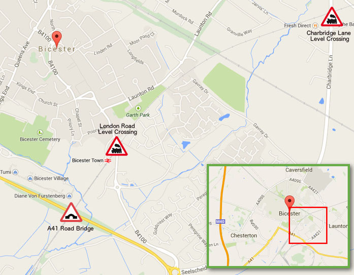 The three road crossings East West Rail road crossings in Bicester 