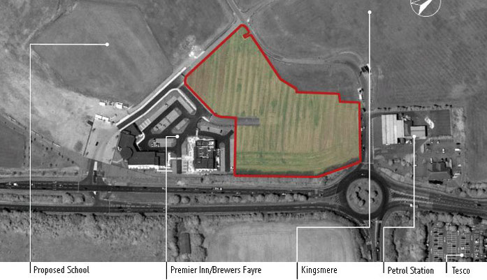 The red lined area shows the location for Bicester Gateway, immediately between Brewers Fayre and the Esso fuel station