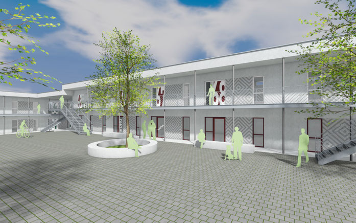 Übergangsunterkunft Kelmesberg Kupferstadt Stolberg, Visualisierung mit Ansicht des vorderen Trakts mit Büros
