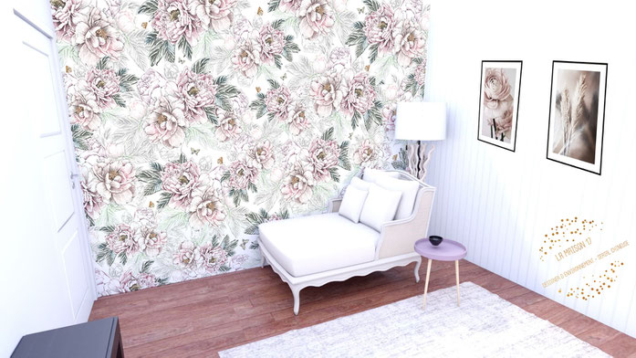 quimper architecture intérieur décoration renovation chambre bureau papier peint au fil des couleurs fleurs lambris blanc
