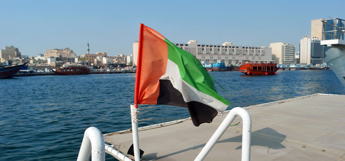 Die Flagge der Vereinigten Arabischen Emirate weht im Wind