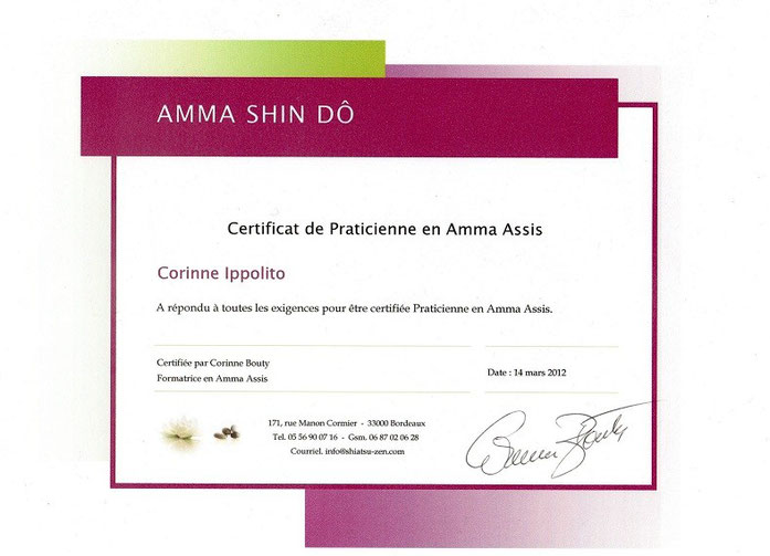 Certificat de Amma Assis décerné à Corinne Ippolito