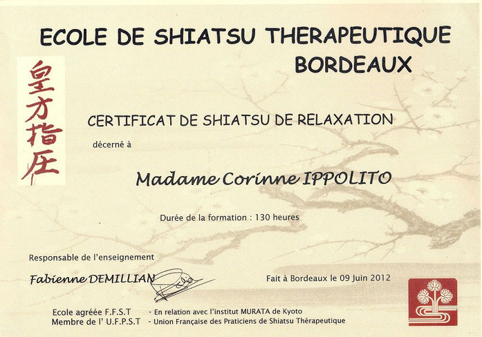 Certificat de Shiatsu de Relaxation décerné à Madame Corinne IPPOLITO