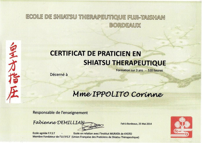 Diplôme de Shiatsu thérapeutique décerné à Corinne IPPOLITO