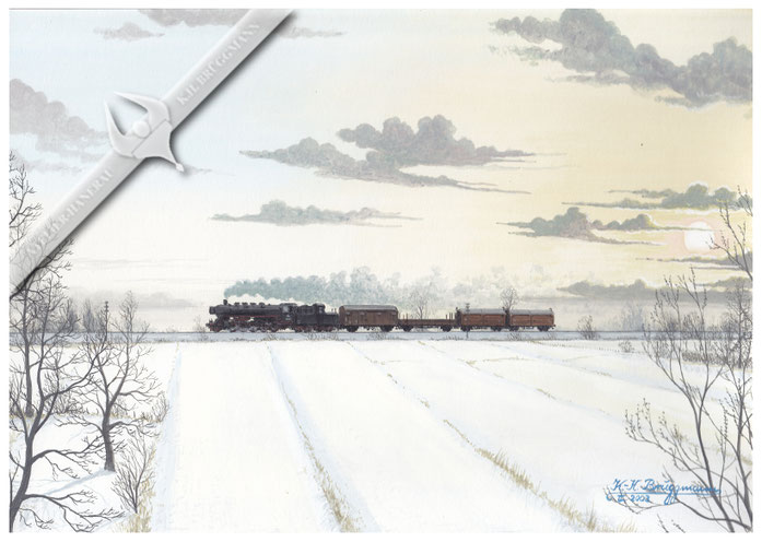 Der "Lumpensammler" dampft durch die Winterlandschaft. Eine 50er mit Kabinentender bringt Güterwagen vomn Glückstadt nach Elmshorn.