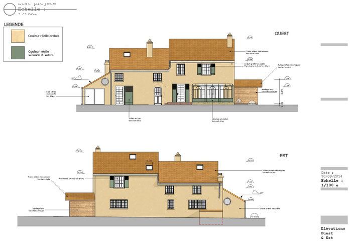 Plan en élévation PCMI5 pour permis de construire, extension de véranda en zone ABF, projet situé à Santeny (94440), Val-de-Marne, réalisé par O Coeur des Plans