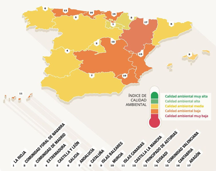 Mapa de la calidad ambiental por regiones.(según Greenpeace).