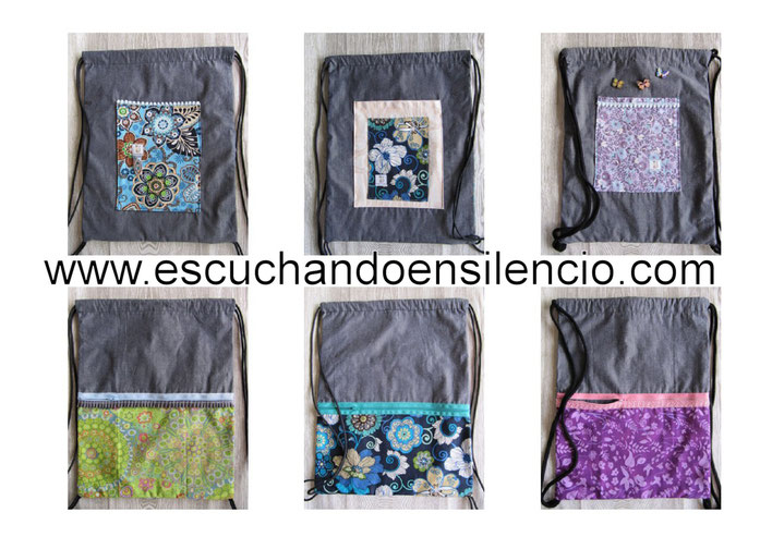 Mochilas de cordón en tela vaquera fina combinadas con telas estampadas a contraste