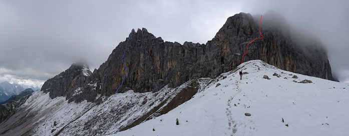 für eifrige Kletterer eine gute Routenkombination für einen Tag: blau - Scharnitzspitze dir. S-Wand (7), rot - Siemens/Wolf (4+), Schüsselkarspitze