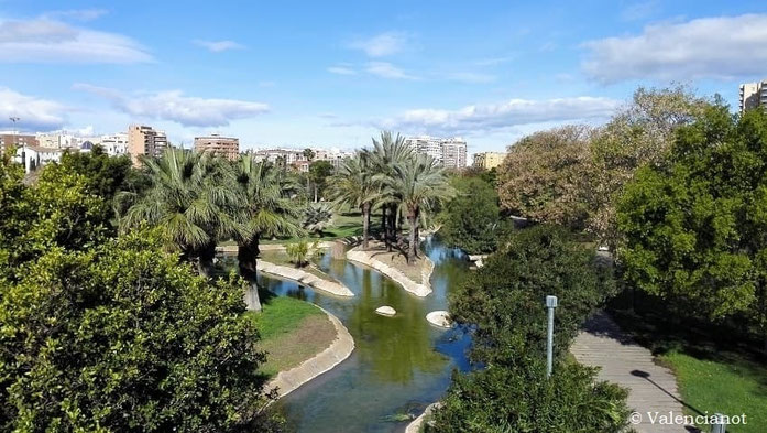 una bonita vista desde el puente de Monteolivete del  riachuelo que discurre  por las zonas 4 y 5 del jardín del Turia en Valencia.  