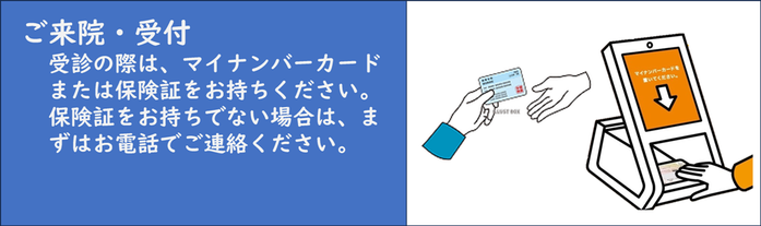 ご来院・受付：受診の際は、マイナンバーカードまたは保険証をお持ちください。保険証をお持ちでない場合は、事前にご連絡ください。緊急の場合は、まずはお電話でご連絡ください。