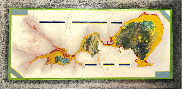 Kunstwerk „NONKONFORMITÄT“ Künstler Andreas Alka (FLoYd): Farbdynamik auf weißem Grund, mit symbolischem Grünrahmen – Ausdruck von Ursprung, Vielfalt, Naturverbundenheit und bewusster Abkehr von Konventionen. Eine Hommage an das schöpferische Anderssein.