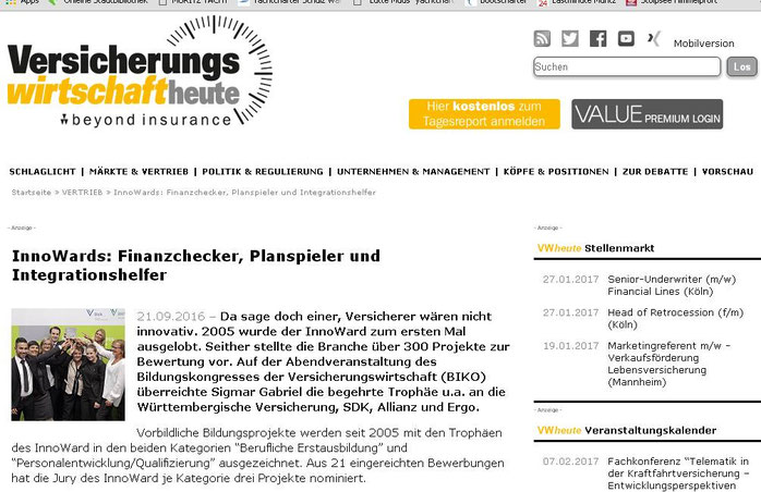 Bericht über unseren Erfolg im Onlinemagazin "Versicherungswirtschaft heute" (Screenshot vom 25..09.2016)
