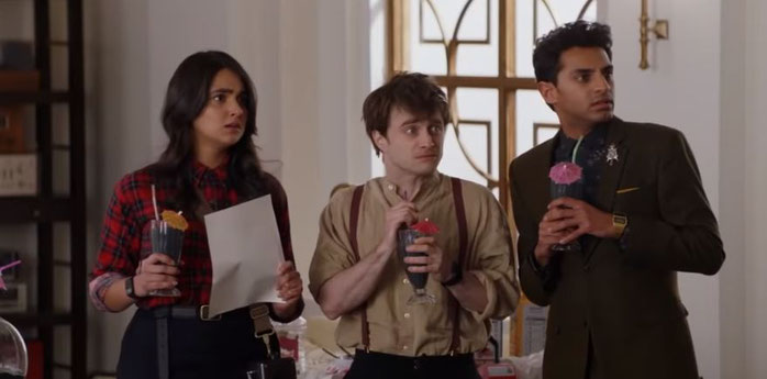 Geraldine Viswanathan (Eliza), Daniel Radcliffe (Craig) and Karan Soni (Sanjay) in Miracle Workers 2019