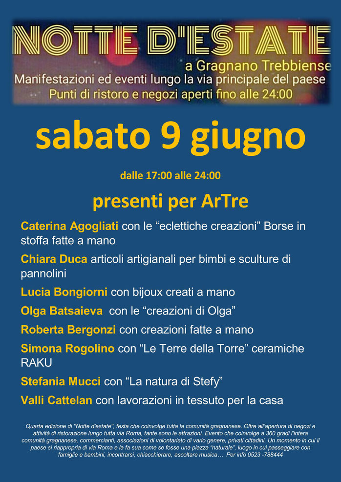 ArTre a Gragnano sabato 9 giugno per   NOTTE D'ESTATE  esposizioni dalle 17,00 alle 24,00