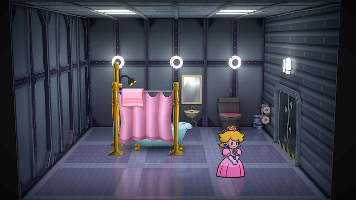 Game screenshot showing Princess Peach in a futuristic bathroom.