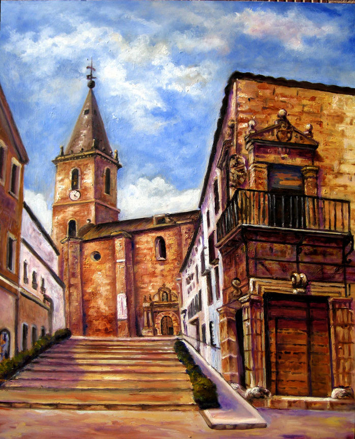 La Roda. Subida a la Iglesia del Salvador. Óleo de 60 x 50