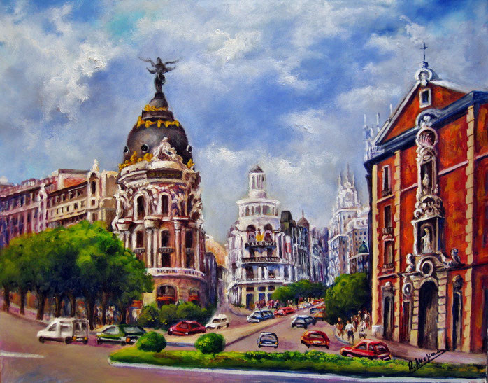 Madrid. Gran Vía y Calle de Alcalá. Óleo sobre lienzo de 60 x 50