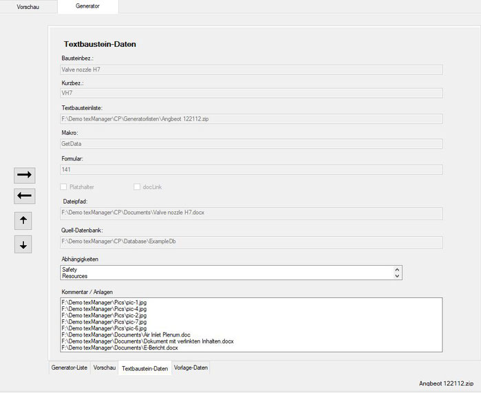 Textbaustein-Stammdaten in der Generatorliste
