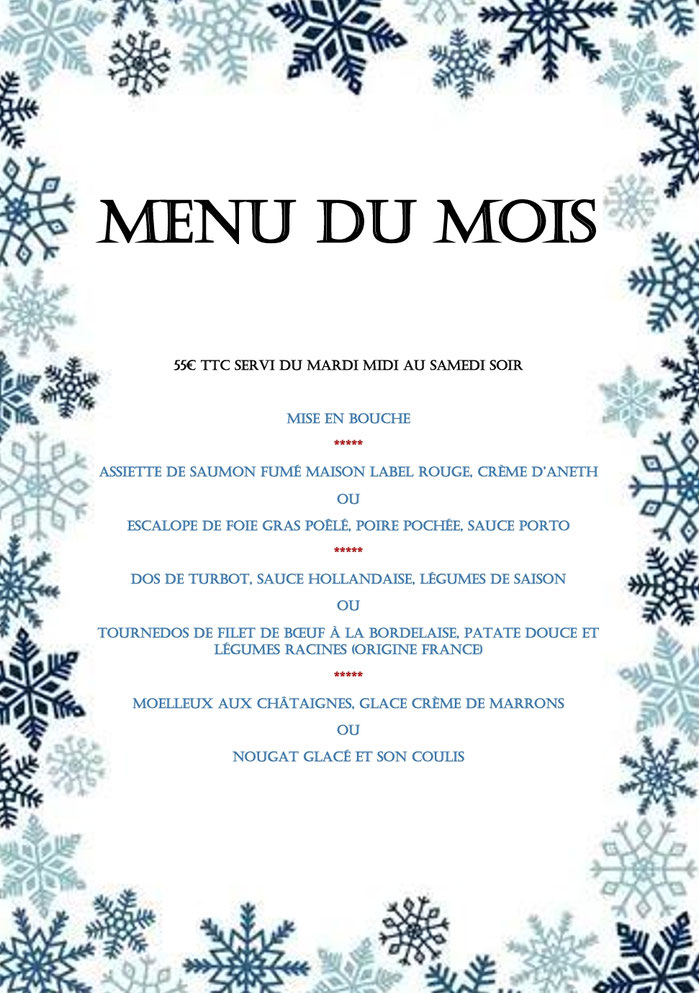 Menu servi à partir du 2 décembre, jusqu'au samedi 20 décembre