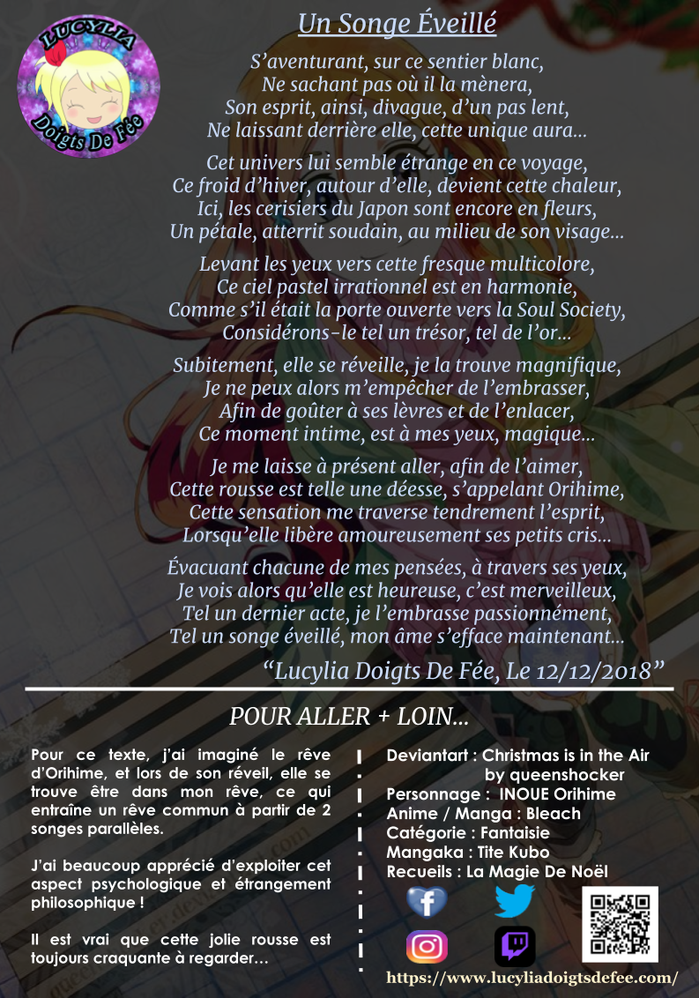 Poème Un Songe Éveillé, écrit par Lucylia Doigts De Fée, recueil La Magie De Noël,  pour L'univers de Lucylia, personnage Orihime INOUE, manga Bleach