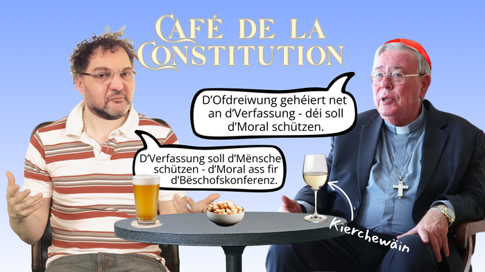 ▲ De Kardinol Hollerich an de Bierger Hubert Hollerich diskutéieren am 'Café de la Constitution'.