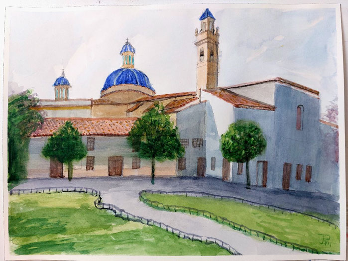 Iglesia del antiguo Convento de Jesús con fachada clara, campanario y vegetación, en un entorno urbano tranquilo.