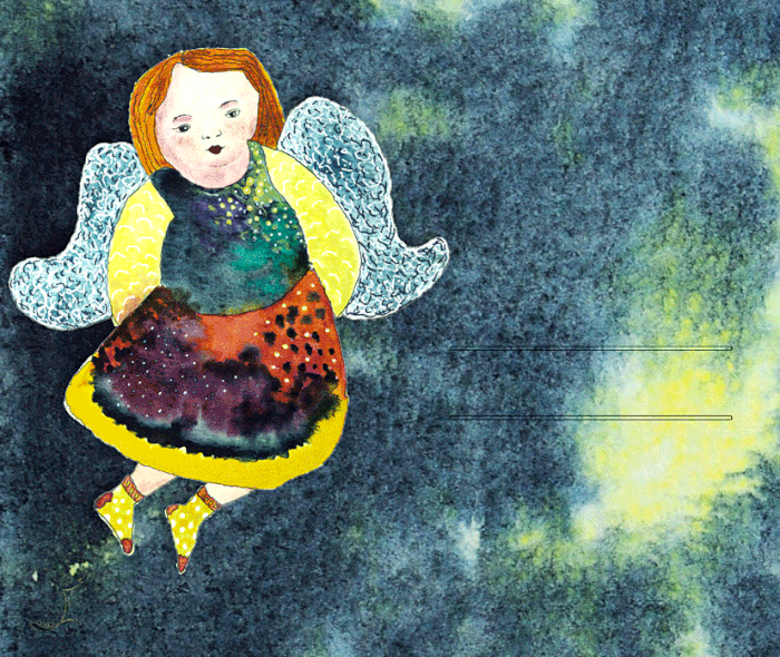Namensschild für Geschenk, Weihnachtsmotiv, bunter Engel vor Sternenhimmel, Aquarell