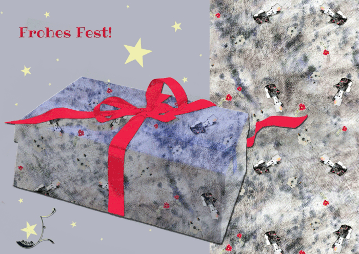 Frohes Fest auch allen, die es nicht so weihnachtlich mögen! Geschenkpapier mit abstrakt gezeichnetem Mädchen und kleinen Blümchen