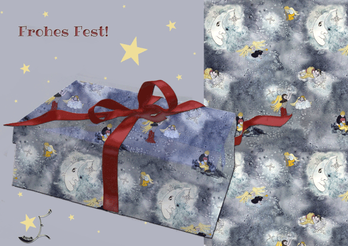 Winterlich-weihnachtliches Geschenkpapier mit Engeln, Mond, Schnee und Kindern mit einem Schlitten