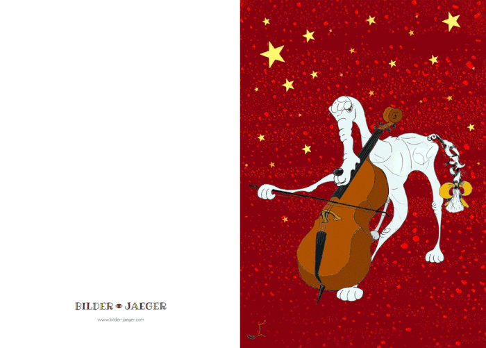 weihnachtliche Grußkarte mit festlich herausgeputztem Artur, der vor Sternenhimmel Cello spielt