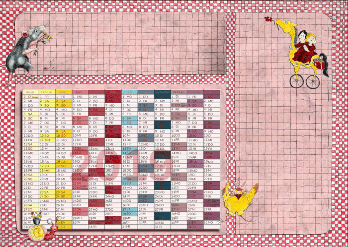 illustrierte Schreibtischunterlage mit Kalender (Jahreskalender 2019) und viel Platz für Notizen 