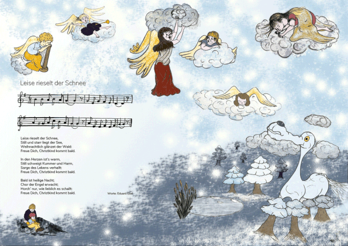 Liedtext und Noten "Leise rieselt der Schnee", illustriert mit winterlicher Landschaft und dem Chor der erwachenden Engel