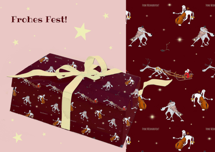 Weihnachtliches Geschenkpapier mit Arturmotiven - mit Rentierschlitten und Santa Claus, mit Weihnachtsbaum und musizierend mit Cello