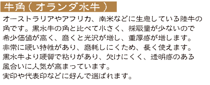 牛角、オランダ水牛は黒水牛より硬質で粘りがあり、欠けにくく、透明感が女性に人気。