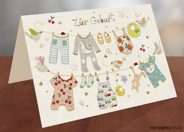 Wäscheleine Babykleidung Geburt Karte